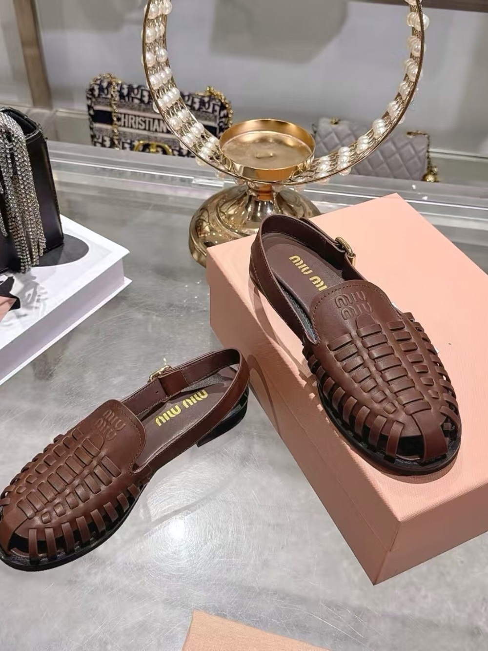 Miu Miu Brown Woven Leather Slingback Sandals - Picture 3 of 7